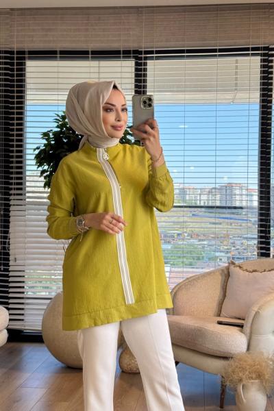 25YT4139 Patı Ribana Şeritli Pat Fermuarlı Tunik Yağ Yeşili