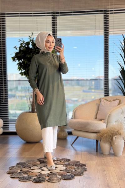 25YT433 Patı Fermuarlı Yaka Kol Ribanalı Tunik Haki