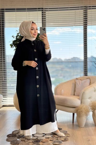 25YT571 Yarasa Kol Ön Çıtçıtlı Tunik Siyah