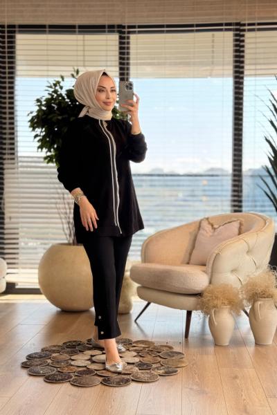 25YT6131 Pat Şerit Ribana Ve Fermuarlı Takım Siyah