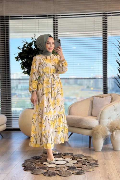 25YT934 Çiçek Desenli Elbise Sarı