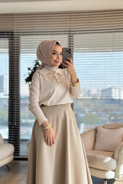 260 Dantelli Bebe Yaka Triko Tunik Bej