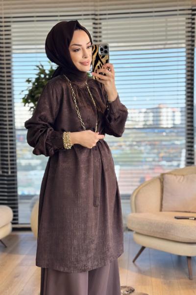 26010 Leylak Jakarlı Tunik Kahve