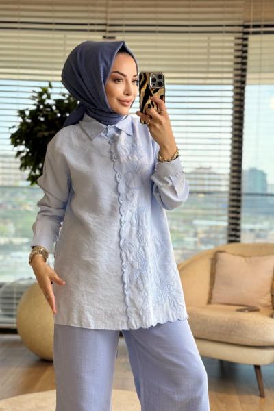 260107 Fırfır Desen Çiçek Nakış İşlemeli Gömlek Mavi