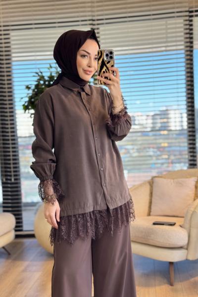 260124 Şık Dantel Detaylı Gömlek Kahve