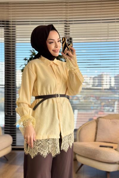260124 Şık Dantel Detaylı Gömlek Sarı