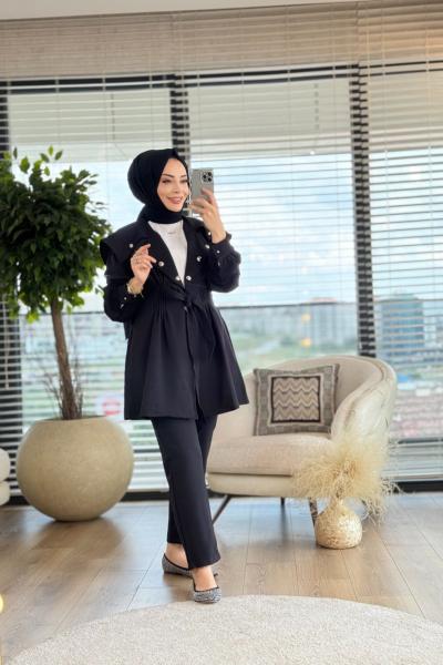 2608 Geniş Yaka Düğme Detaylı Takım Siyah