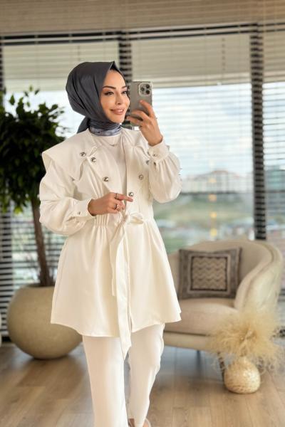 2608 Geniş Yaka Düğme Detaylı Takım Ekru
