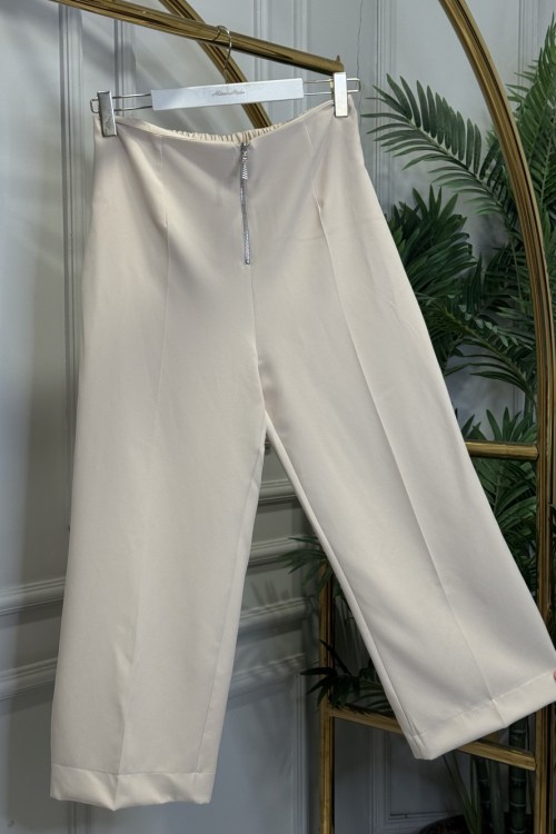 26086 Ön Fermuarlı Bol Paça Pantolon Bej