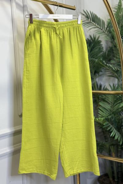 26087 Keten Bol Paça Pantolon Yağ Yeşili