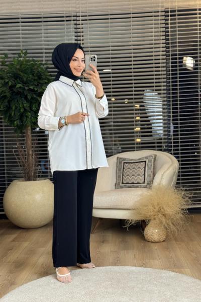 2611 Süs Dikiş Detaylı Takım Ekru Siyah