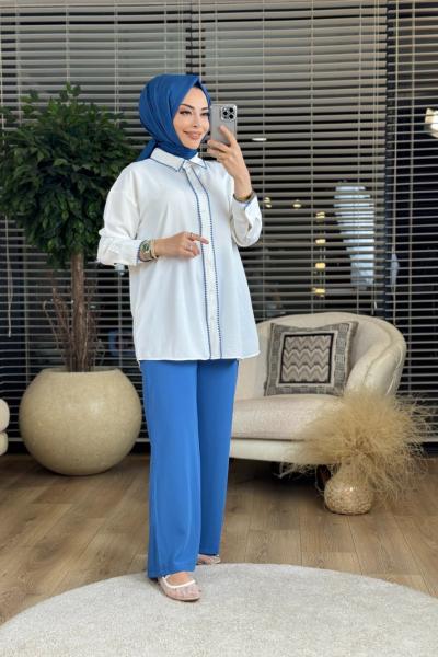 2611 Süs Dikiş Detaylı Takım Ekru İndigo