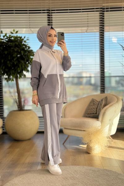 2614 Çizgi Garnili Bol Paça Pantolon Takım Gri