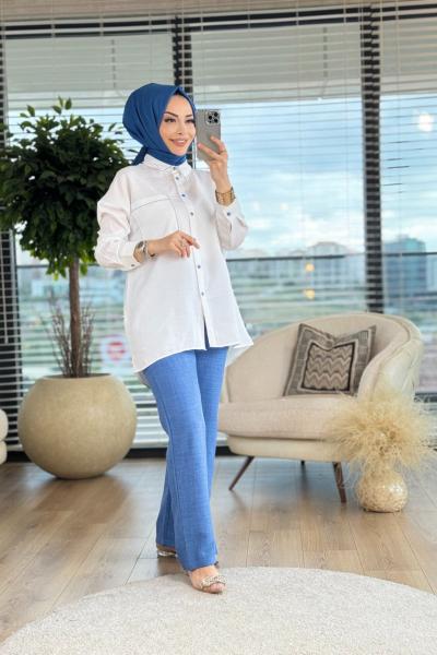 2617 Süs Dikiş Detaylı Takım Ekru İndigo