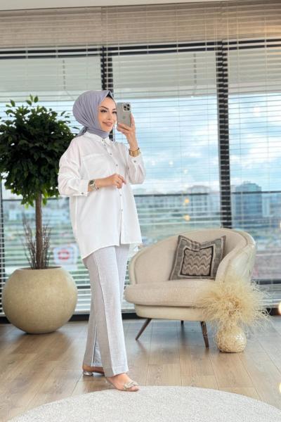 2617 Süs Dikiş Detaylı Takım Ekru Gri