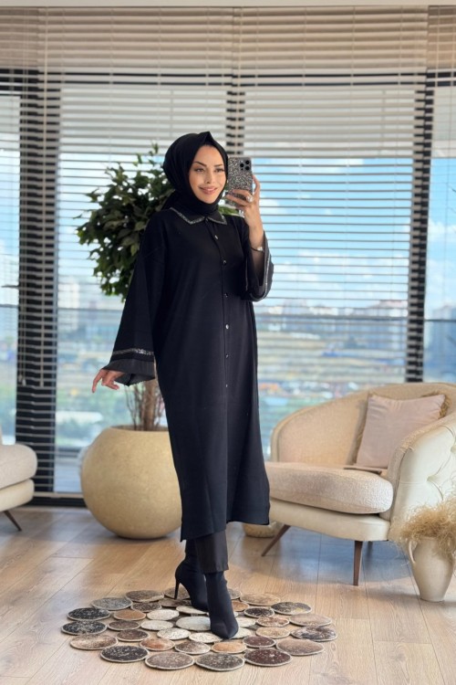 262 Yaka Manşet Taşlı Ferace Hırka Siyah