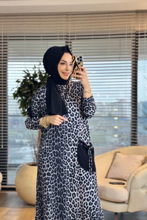 26212 Elmas Leopar Elbise Siyah Gri