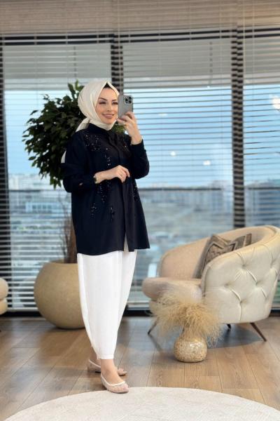 2622 Yıldız Nakış Ve Pul İşlemeli Gömlek Siyah