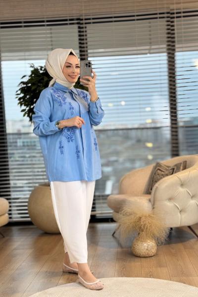 2622 Yıldız Nakış Ve Pul İşlemeli Gömlek Mavi