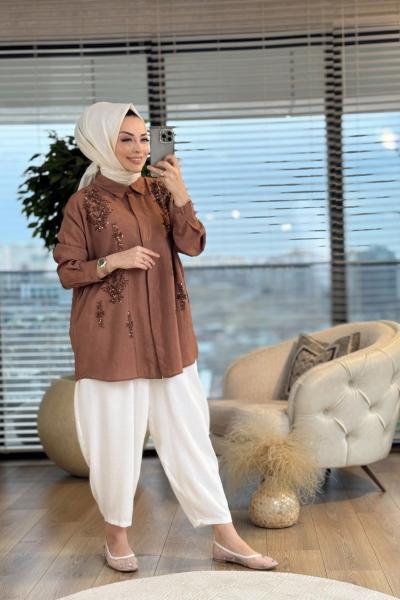 2622 Yıldız Nakış Ve Pul İşlemeli Gömlek Kahve