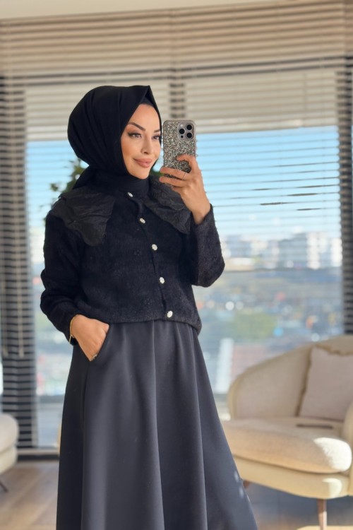2624 Bebe Dantel Yaka Angora Kısa Hırka Siyah