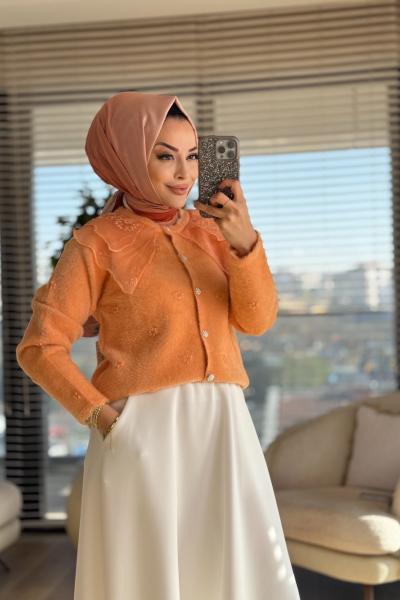 2624 Bebe Dantel Yaka Angora Kısa Hırka Oranj