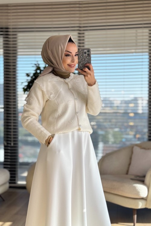 2624 Bebe Dantel Yaka Angora Kısa Hırka Ekru