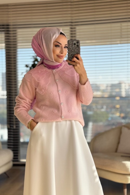 2624 Bebe Dantel Yaka Angora Kısa Hırka Pembe