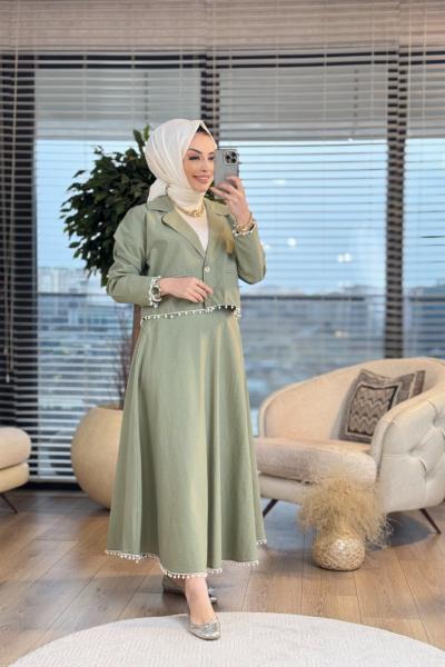 2626 Şerit İnci Detaylı Etek Takım Haki