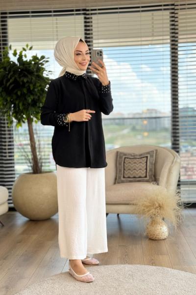 2630 Manşeti Ve Yakası Taşlı Gömlek Siyah