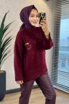 2636 Kedi Nakışlı Triko Kazak Bordo