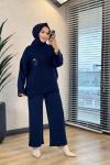 2636 Kedi Nakışlı Triko Kazak Lacivert