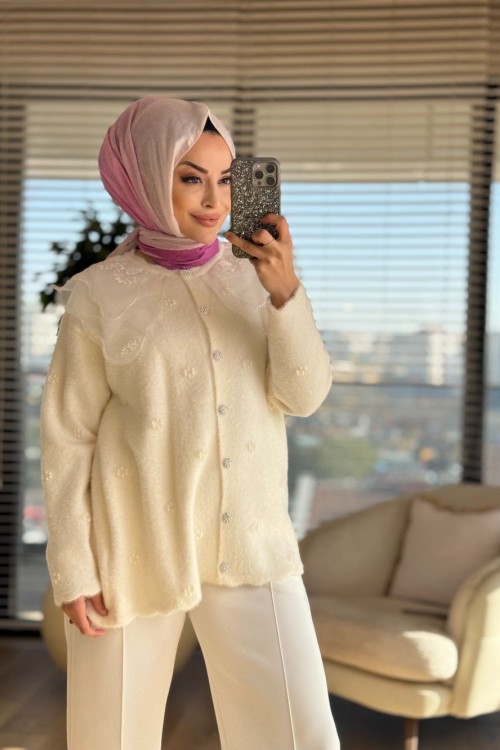 2637 Angora Dantel Yaka Uzun Hırka Ekru