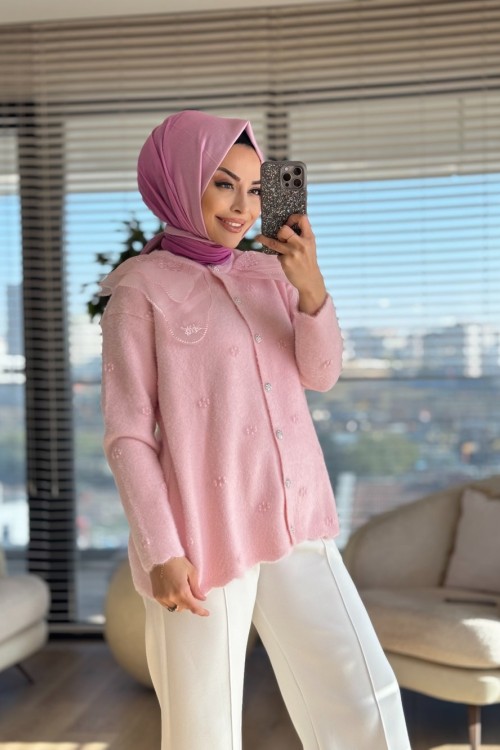 2637 Angora Dantel Yaka Uzun Hırka Pembe