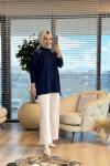 264 Omuzu Taşlı Yaprak Desenli Triko Tunik Lacivert