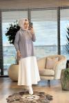 264 Omuzu Taşlı Yaprak Desenli Triko Tunik Gri