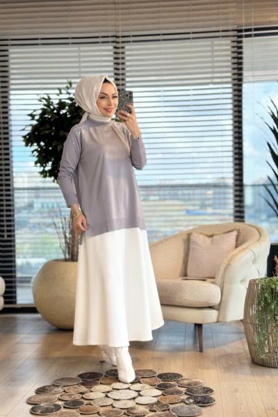 264 Omuzu Taşlı Yaprak Desenli Triko Tunik Gri