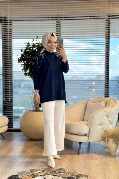 264 Omuzu Taşlı Yaprak Desenli Triko Tunik Lacivert