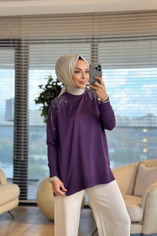 264 Omuzu Taşlı Yaprak Desenli Triko Tunik Mürdüm