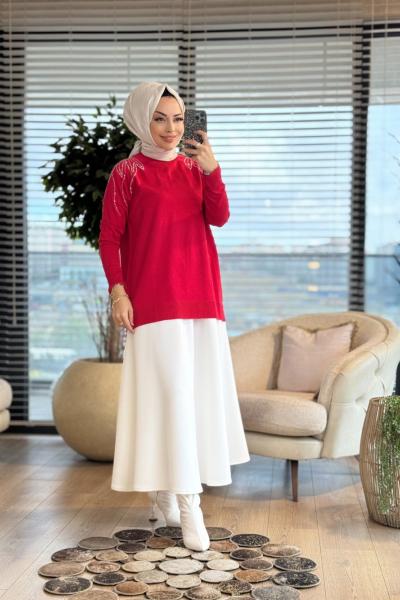 264 Omuzu Taşlı Yaprak Desenli Triko Tunik Kırmızı