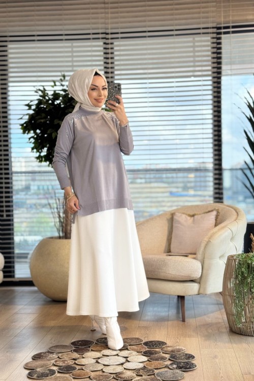 264 Omuzu Taşlı Yaprak Desenli Triko Tunik Gri