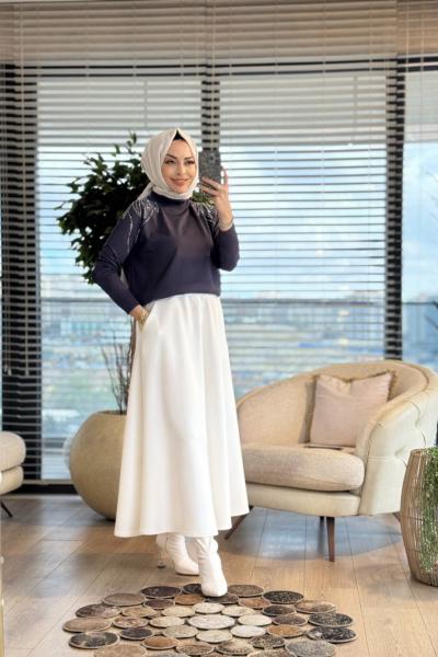 264 Omuzu Taşlı Yaprak Desenli Triko Tunik Antrasit