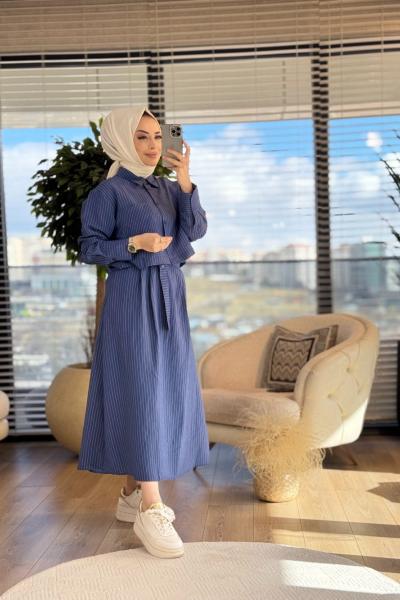 2640 Beli Kuşaklı Çizgili Etekli Takım Lacivert