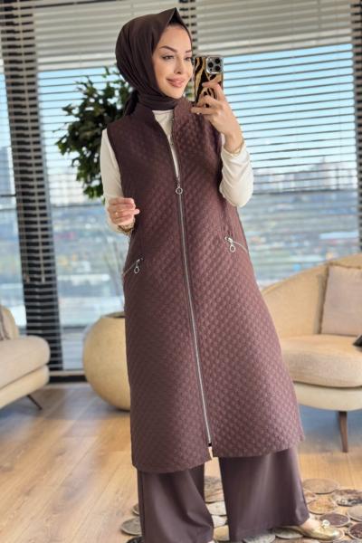 26450 Petek Desen Cebi Fermuarlı Yelek Kahve