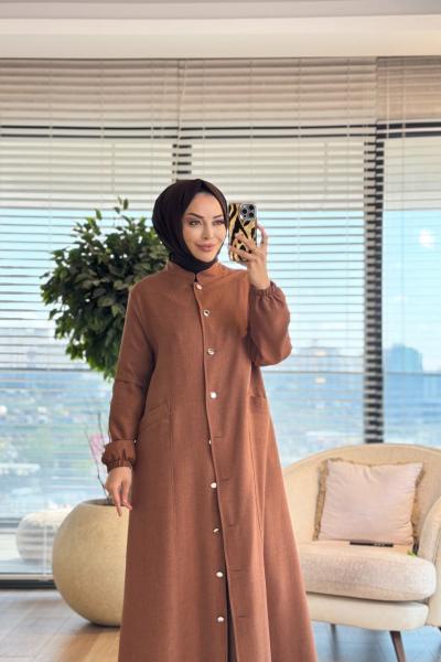 26516 Keten Metal Düğmeli Pardesü Kahve