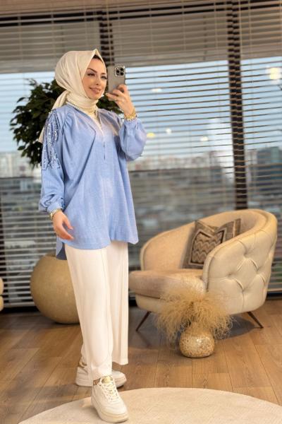 2656 Pul İşlemeli Kimono Mavi