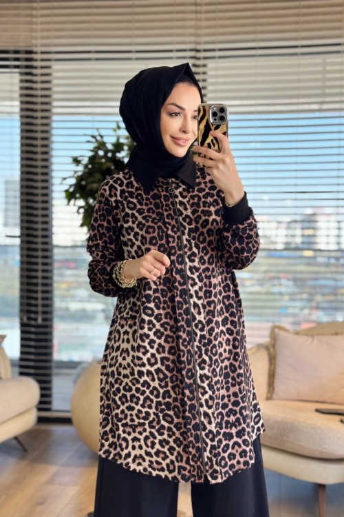 26611 Leopar Desenli Fermuarlı Kap Siyah Kahve