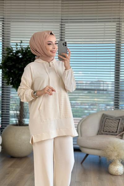 2664 Kangru Cepli Kapşonlu Takım Bej