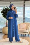 26640 Ön Metal Düğmeli Uzun Tunik Takım İndigo
