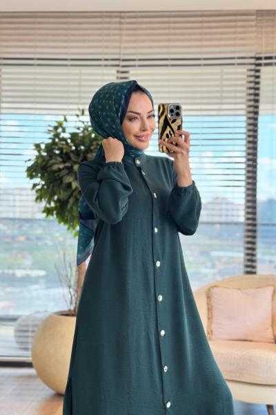 26640 Ön Metal Düğmeli Uzun Tunik Takım Zümrüt